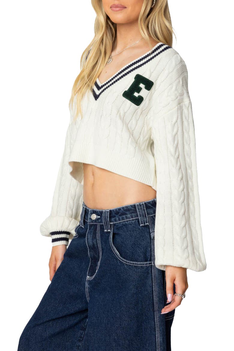V-Neck Crop Cable Sweater, Alternate, color, CREAM