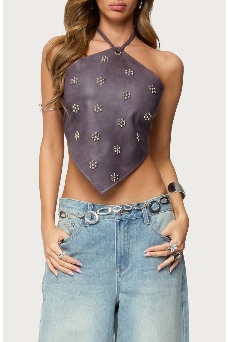 Shila Studded Faux Leather Halter Top, Main, color, PURPLE