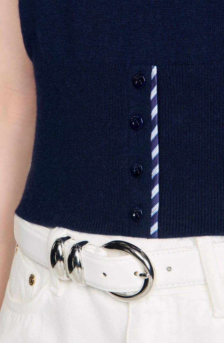 SANDRO Cropped stripy wool-cashmere sweater, Alternate, color, Navy Blue