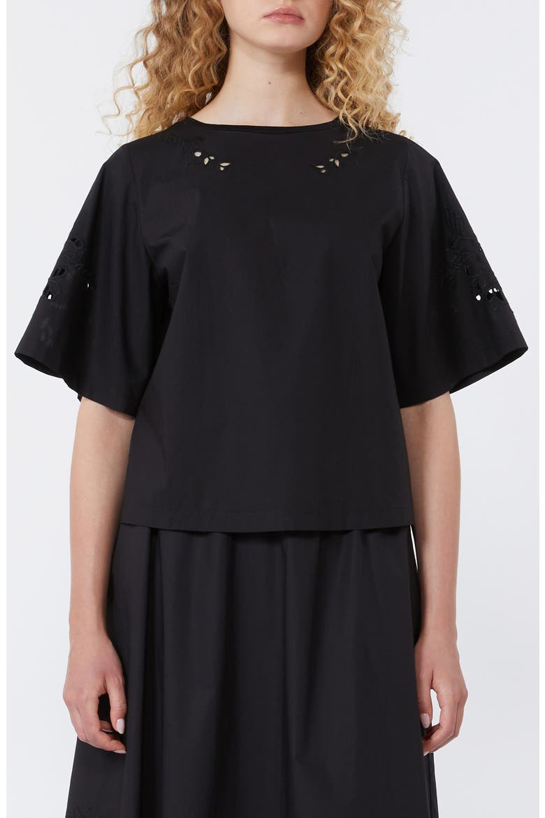 Targa Eyelet Cotton Poplin & Jersey Crop Top, Main, color, BLACK