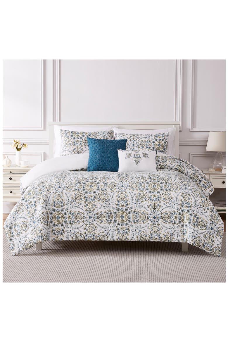 Floral Print Microfiber 5-Piece Comforter Set, Main, color, WHITE/ GOLD