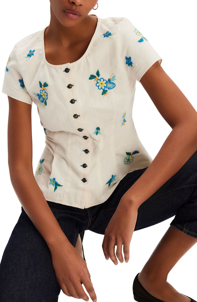 Free People Kelly Floral Embroidered Cotton Peplum Top, Alternate, color, Ivory