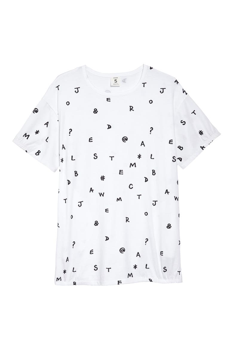 Print Gather Sleeve Dress, Main, color, WHITE WORD SEARCH