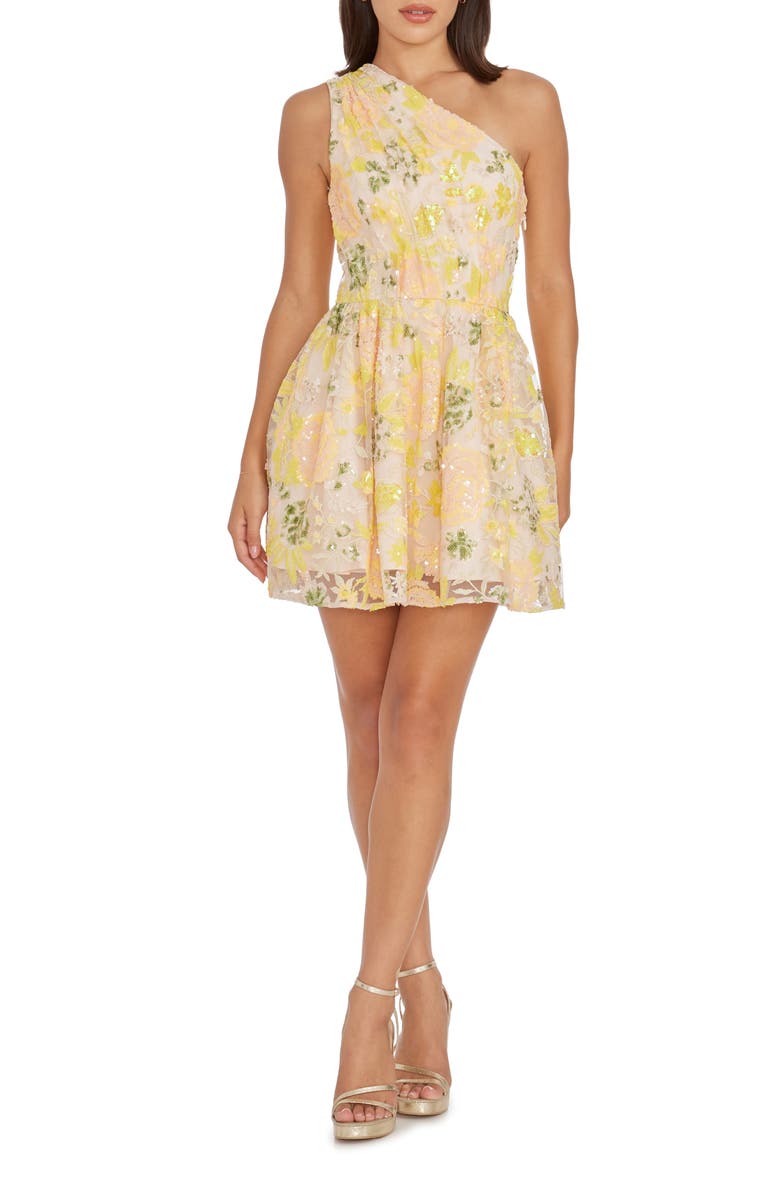 Dress the Population Delaney Floral One-Shoulder Fit & Flare Minidress, Main, color, Canary Multi
