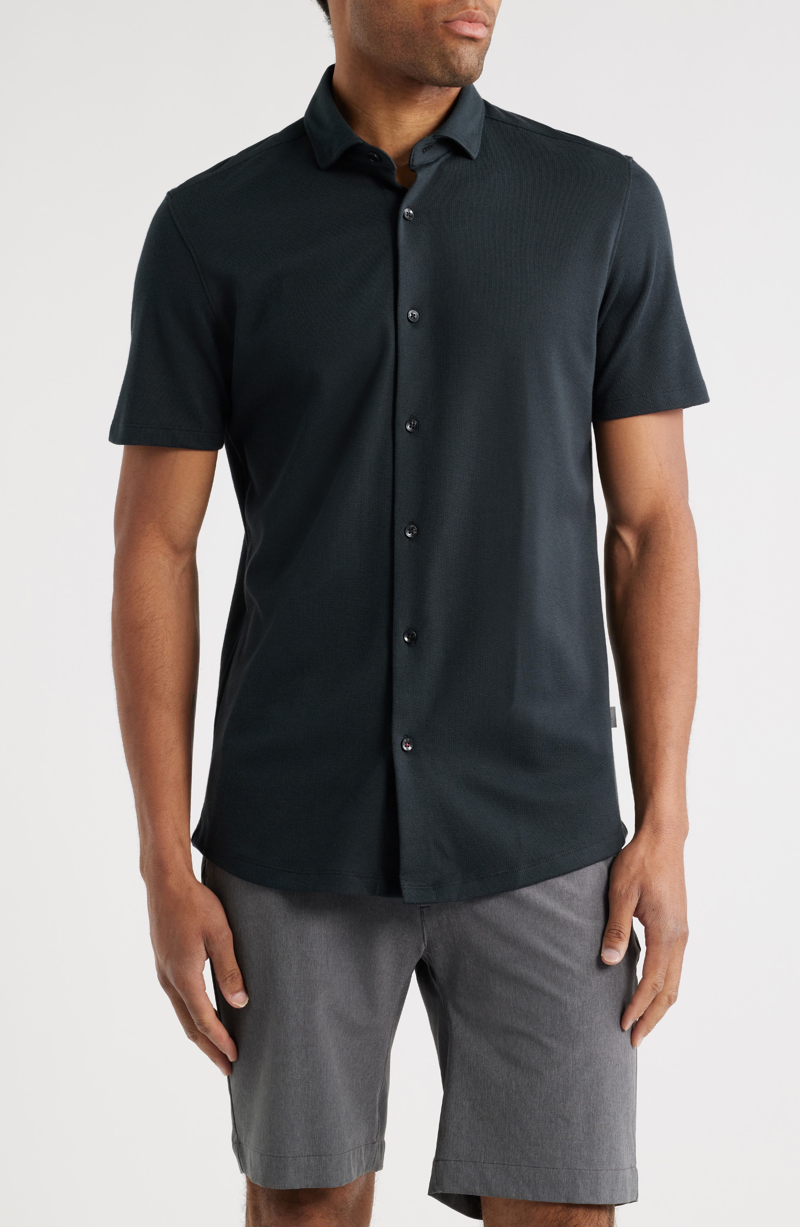Solid Technical Pique Knit Short Sleeve Button-Up Shirt - image 3