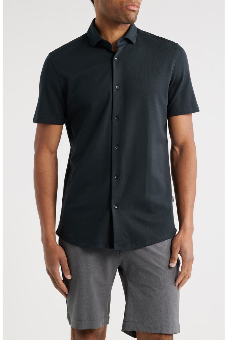 Solid Technical Piqué Knit Short Sleeve Button-Up Shirt, Main, color, BLACK/BLACK