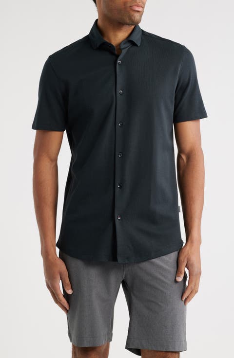 Solid Technical Piqué Knit Short Sleeve Button-Up Shirt