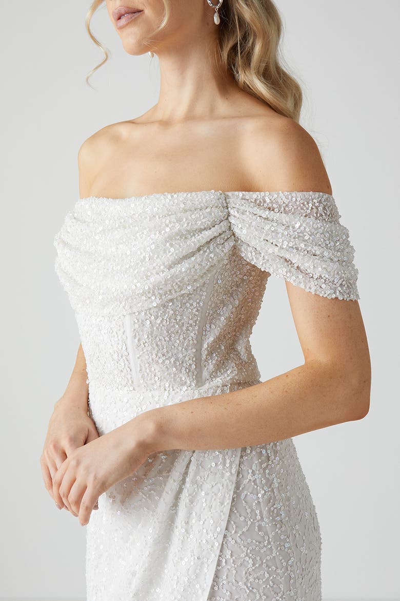 Sequin Bardot  Wrap Skirt Wedding Dress, Alternate, color, Ivory