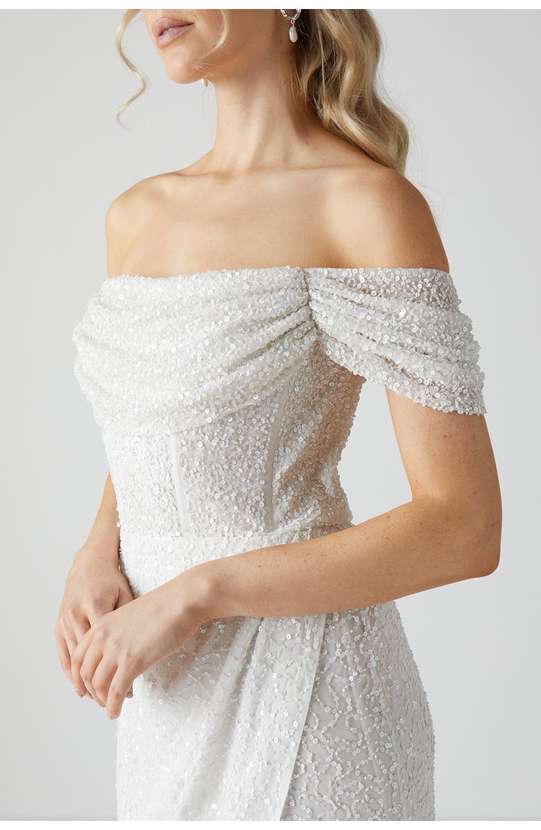 Coast Sequin Bardot  Wrap Skirt Wedding Dress, Alternate, color, Ivory