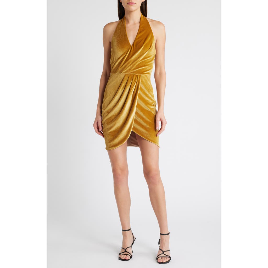 Black Halo Elaria Velvet Halter Minidress In Gold