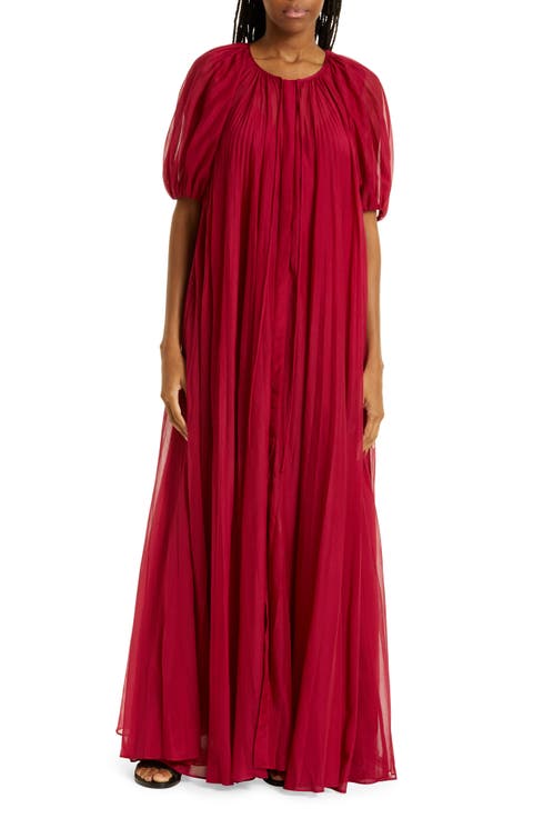 Sunburst Pleat Elbow Sleeve Maxi Dress