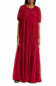 Sunburst Pleat Elbow Sleeve Maxi Dress