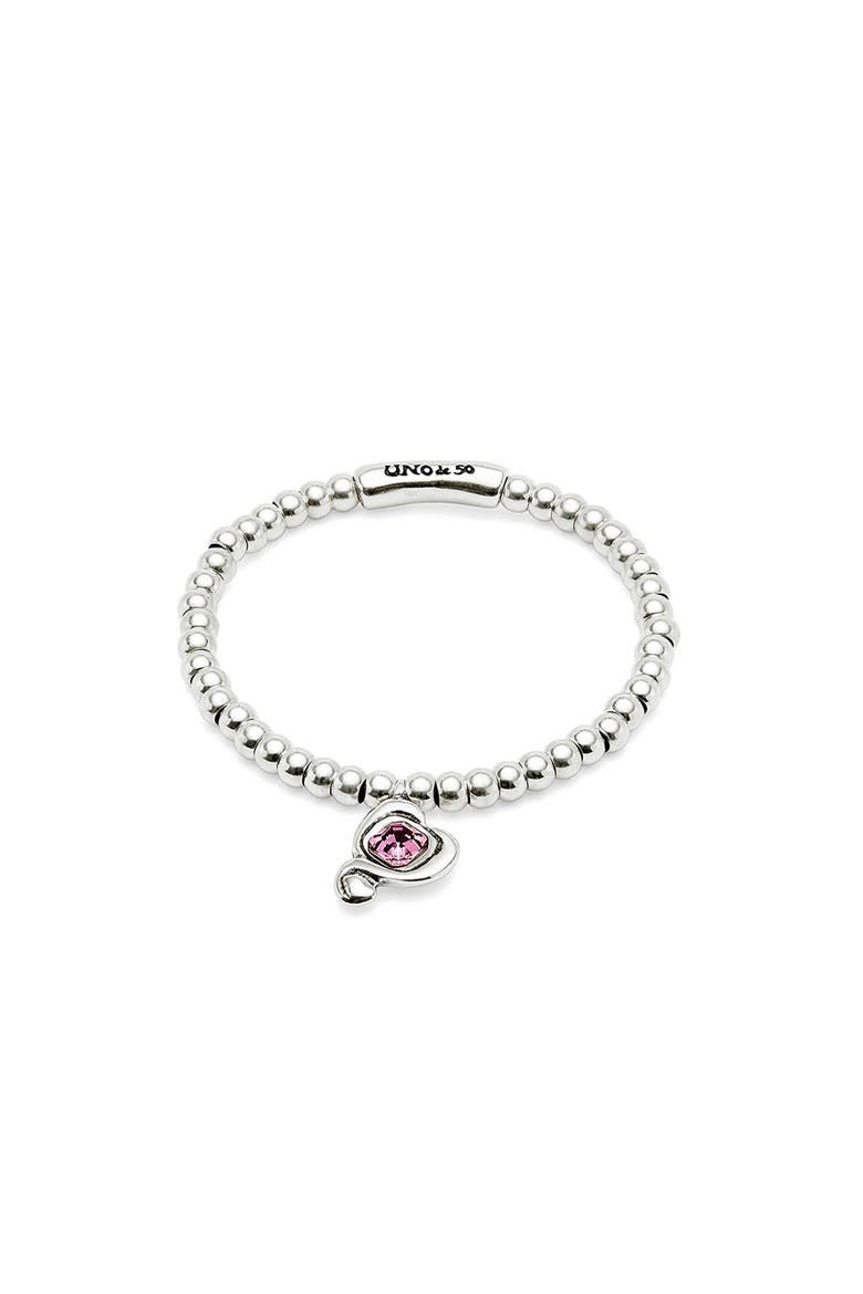Beaded Stretch Bracelet with Heart and Pink Crystal, Main, color, Silver