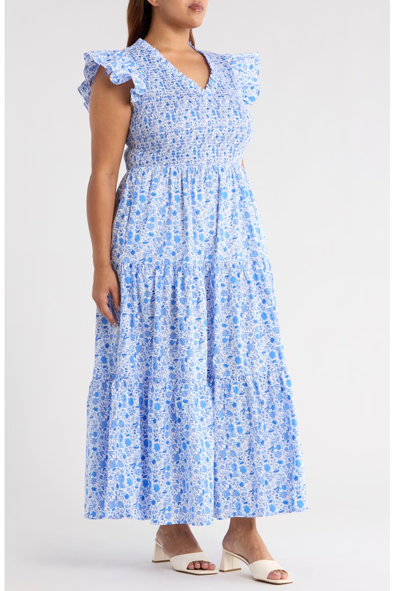 Luray Floral Sunfire Smocked Cotton Tiered Maxi Dress, Alternate, color, BLUE/ WHITE