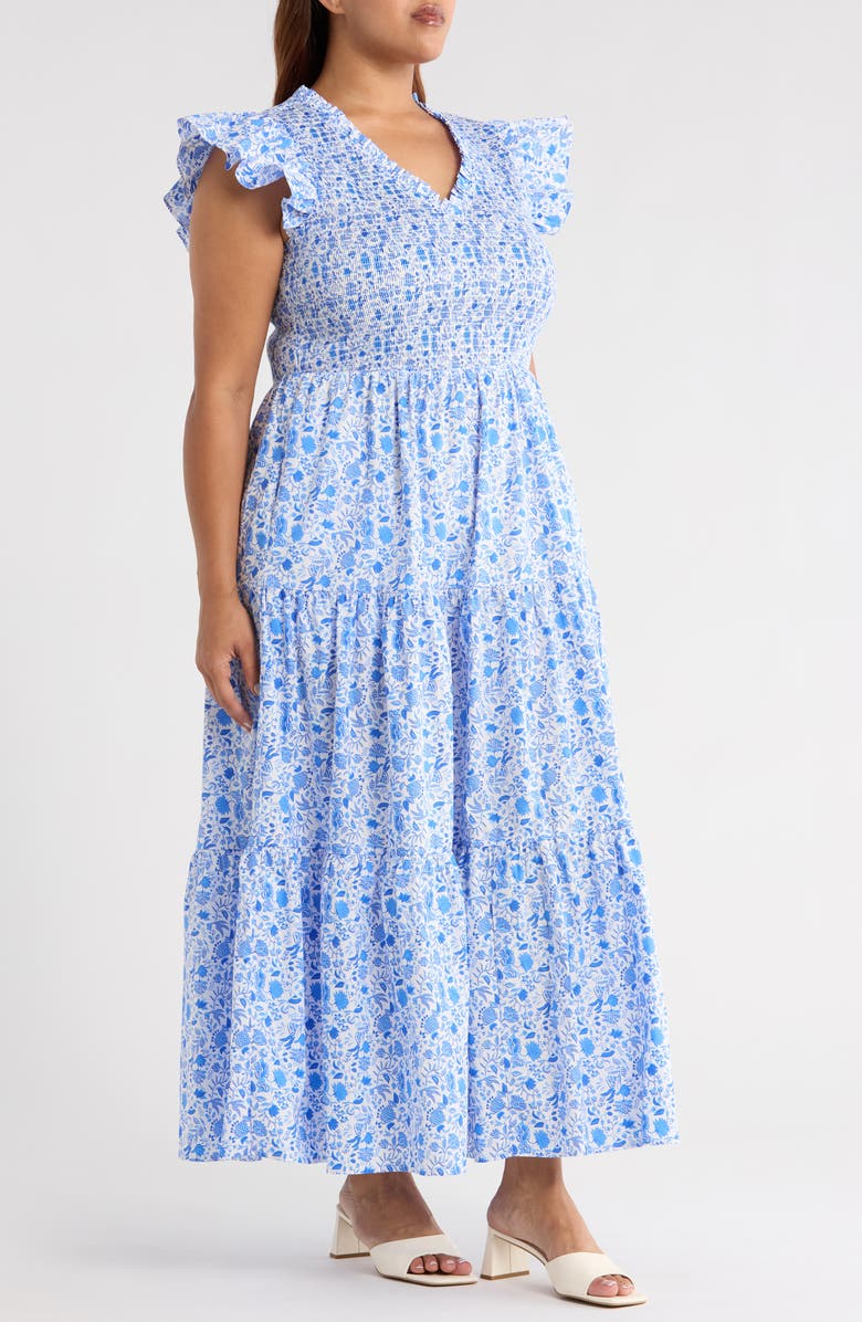 SUGARLIPS Luray Floral Sunfire Smocked Cotton Tiered Maxi Dress, Alternate, color, Blue/ White