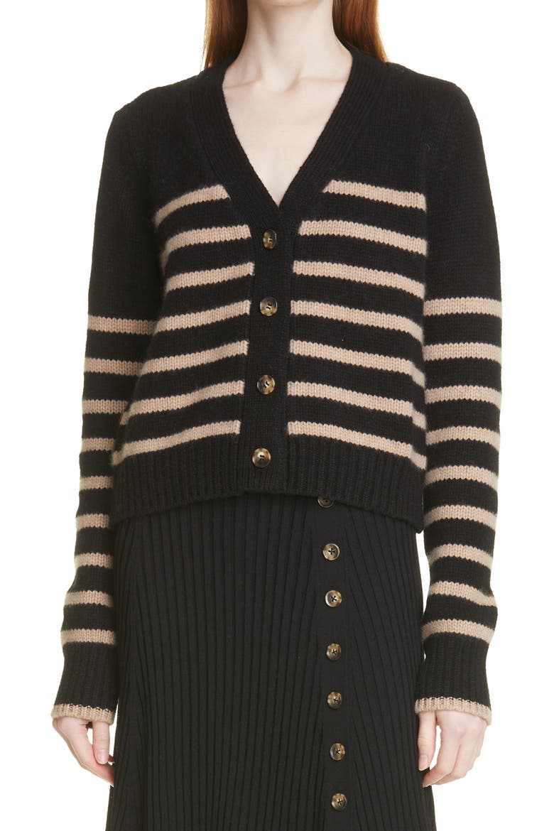 Mini Marin Stripe V-Neck Cardigan, Main, color, BLACK / TAN