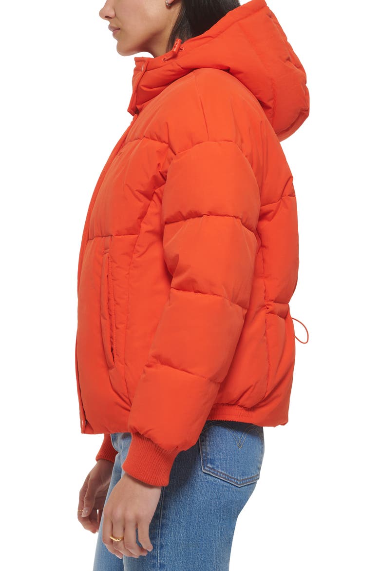 Cinch Waist Hooded Puffer Jacket, Alternate, color, ORANGE. COM