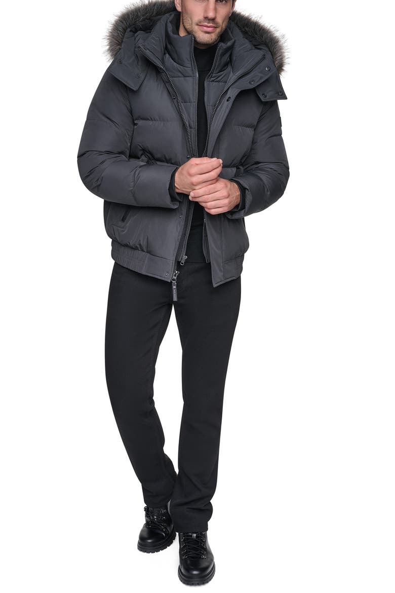 Hooded Down & Feather Fill Bomber Jacket with Faux Fur Trim, Alternate, color, CHARCOAL
