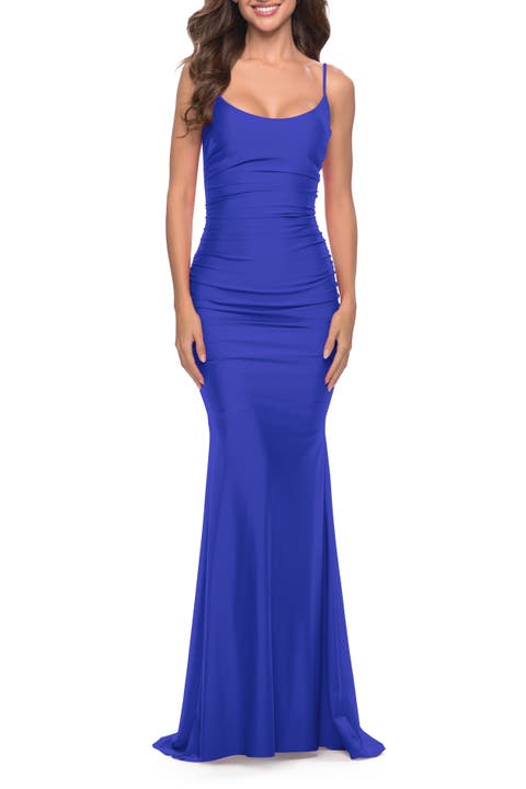 Intricate Lace Up Back Jersey Gown with Ruching