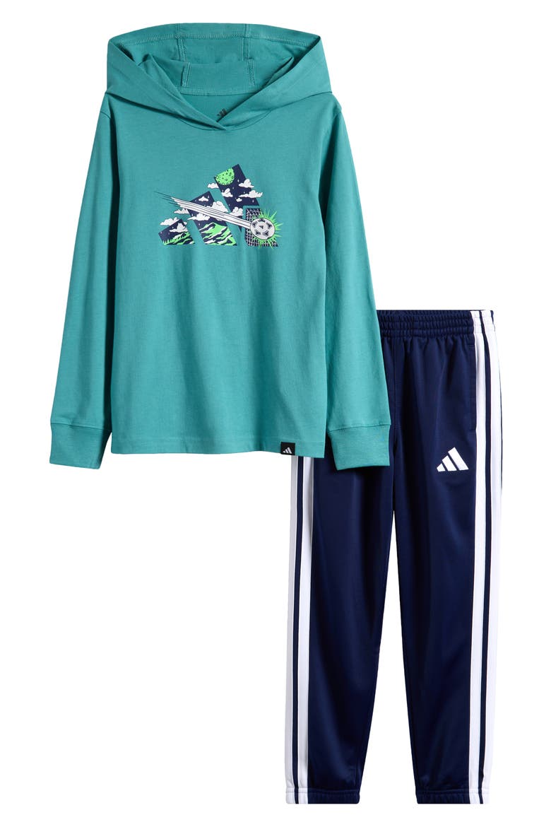 Kids' Hooded Long Sleeve Cotton Graphic T-Shirt & Joggers Set, Main, color, MED TEAL
