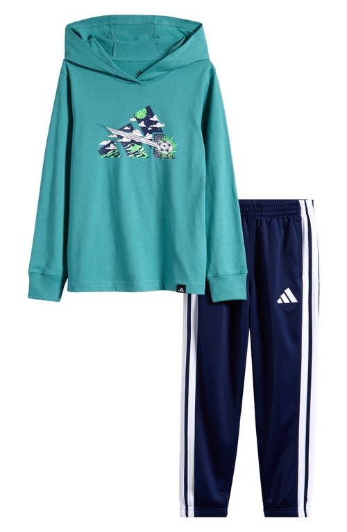 Adidas Originals Adidas Kids' Hooded Long Sleeve Cotton Graphic T-shirt & Joggers Set In Green