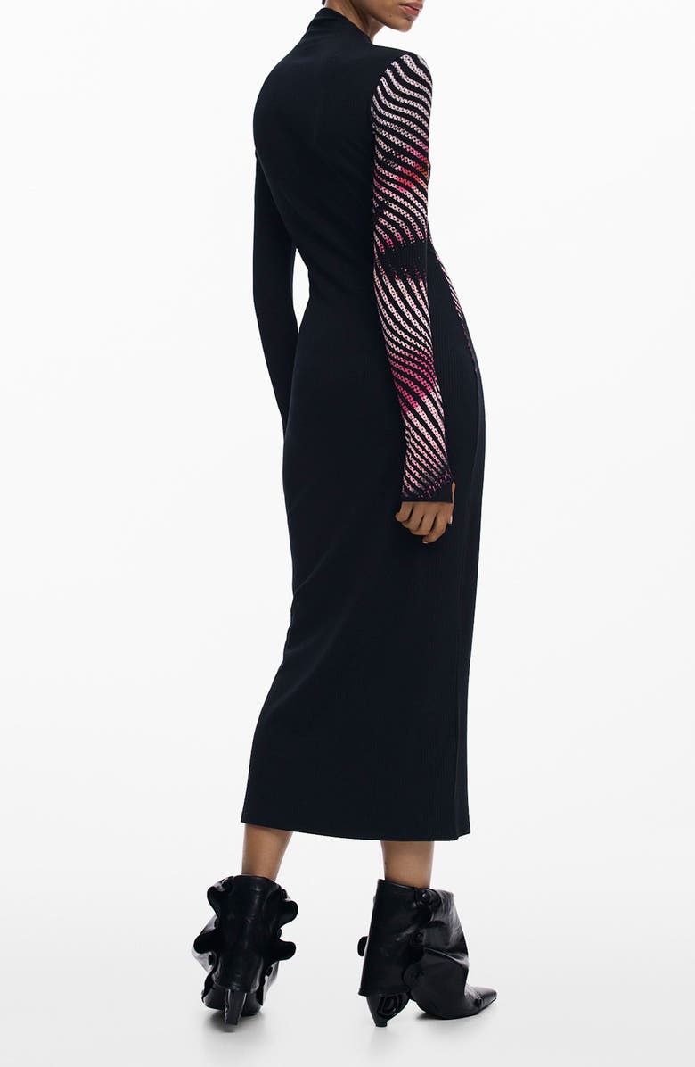 Desigual Funnel Neck Long Sleeve Rib Dress, Alternate, color, Black