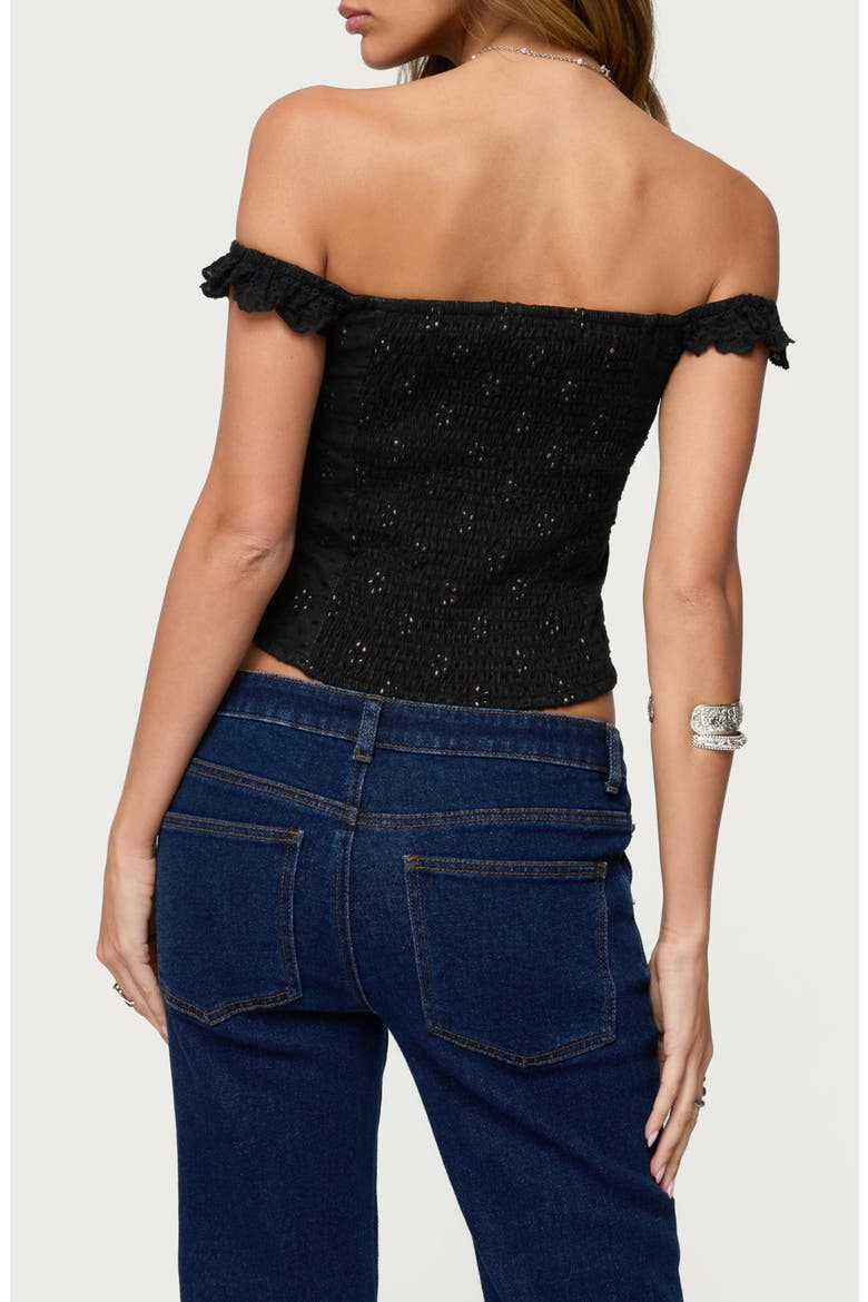 Jordana Ruffle Eyelet Off the Shoulder Crop Top, Alternate, color, BLACK