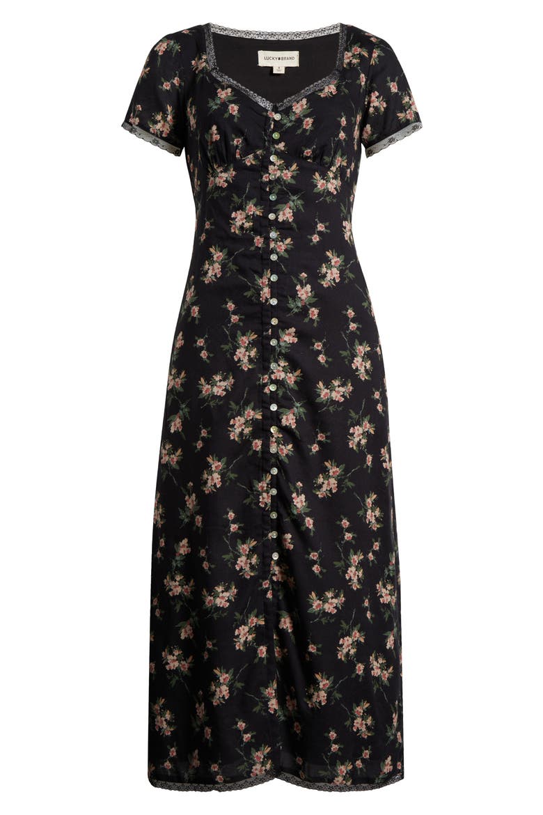 Floral Lace Trim Button-Up Dress, Alternate, color, BLACK FLORAL