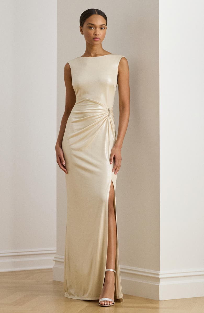 Lauren Ralph Lauren Metallic Sleeveless Gown, Alternate, color, Champagne/ Silver