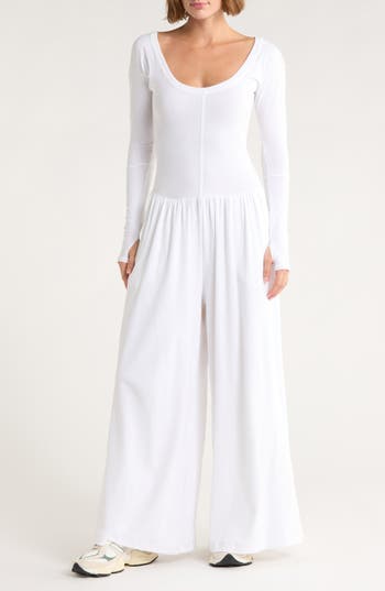 Free People Fp Movement Hot Shot Wide Leg Long Sleeve Jumpsuit In White