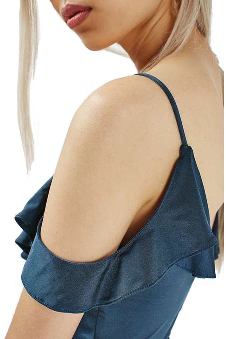 Ruffle Trim Cold Shoulder Bodysuit, Alternate, color, BLUE