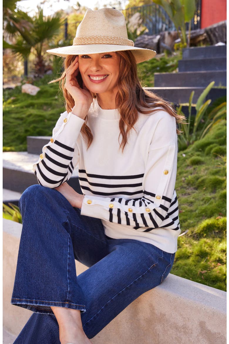 Stripe Button Detail Sweater, Alternate, color, NAUTICAL STRIPE