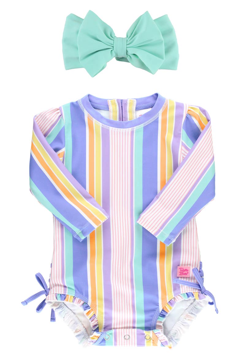 Rainbow Lane Stripe One-Piece Rashguard Swimsuit & Head Wrap Set, Main, color, MULTI-COLOR