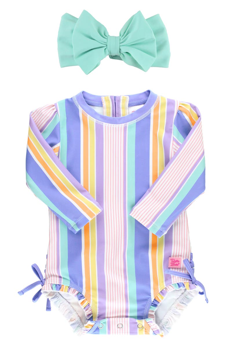 RuffleButts Rainbow Lane Stripe One-Piece Rashguard Swimsuit & Head Wrap Set, Main, color,