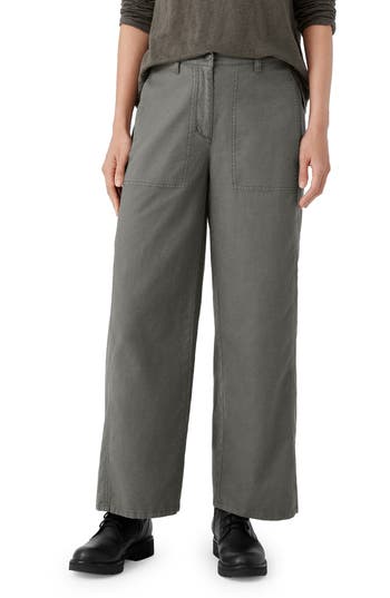 Eileen Fisher Cropped Wide-leg Hemp-cotton Pants In Green