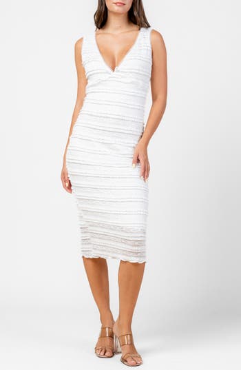 Beivy V-neck Frilled Lace Midi Dress In White