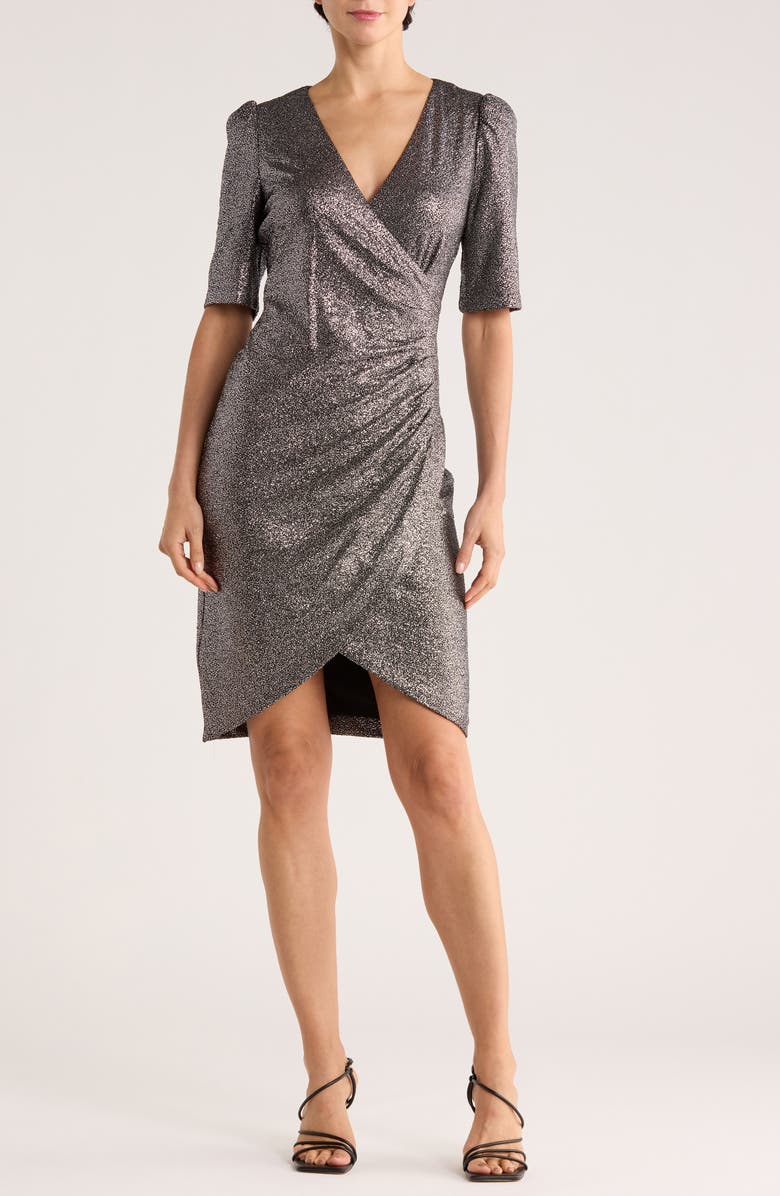 Calvin Klein Metallic Short Sleeve Faux Wrap Dress, Main, color, Black/ Silver