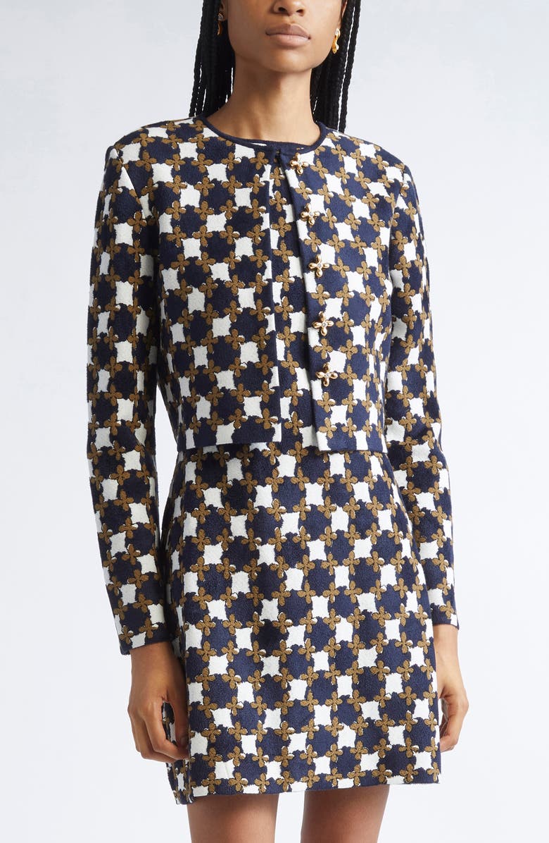Oscar de la Renta Floral Geometric Jacquard Cardigan, Main, color, Cedar/ Navy/ Ivory