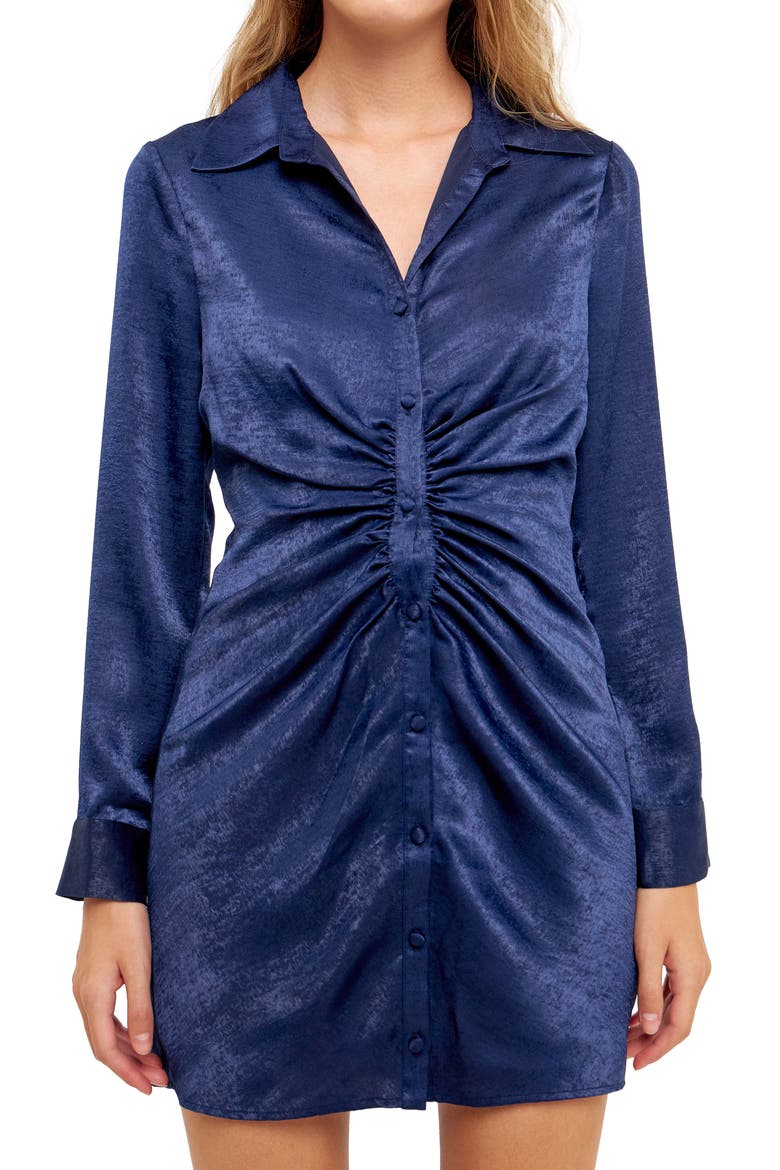 Ruched Long Sleeve Satin Shirtdress, Alternate, color, NAVY