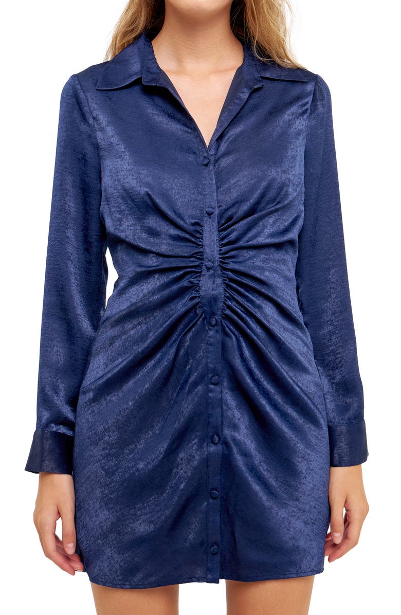 Endless Rose Ruched Long Sleeve Satin Shirtdress, Alternate, color, Navy