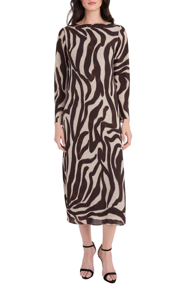 Zebra Stripe Long Sleeve Midi Dress, Main, color, KHAKI/ BROWN