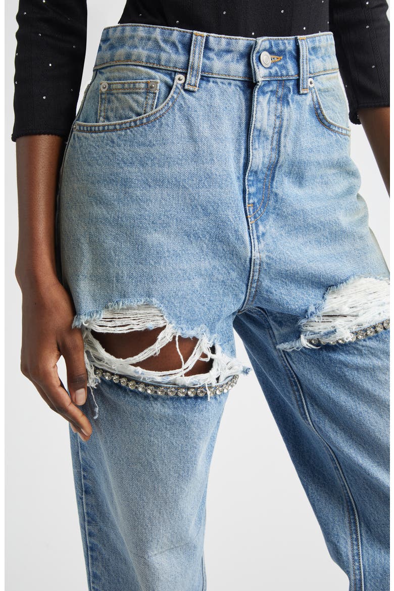 Crystal Slit Frayed Straight Leg Jeans, Alternate, color, MEDIUM BLUE