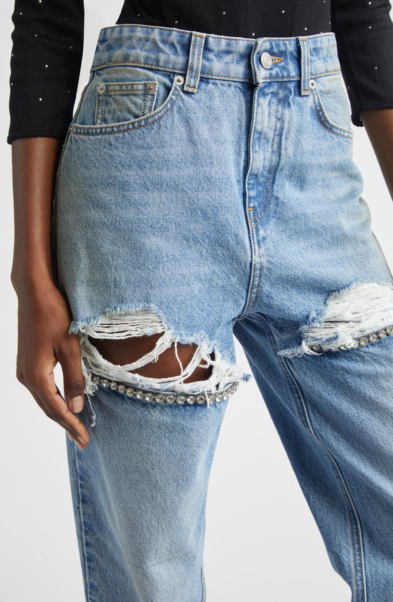 Area Crystal Slit Frayed Straight Leg Jeans, Alternate, color, Medium Blue