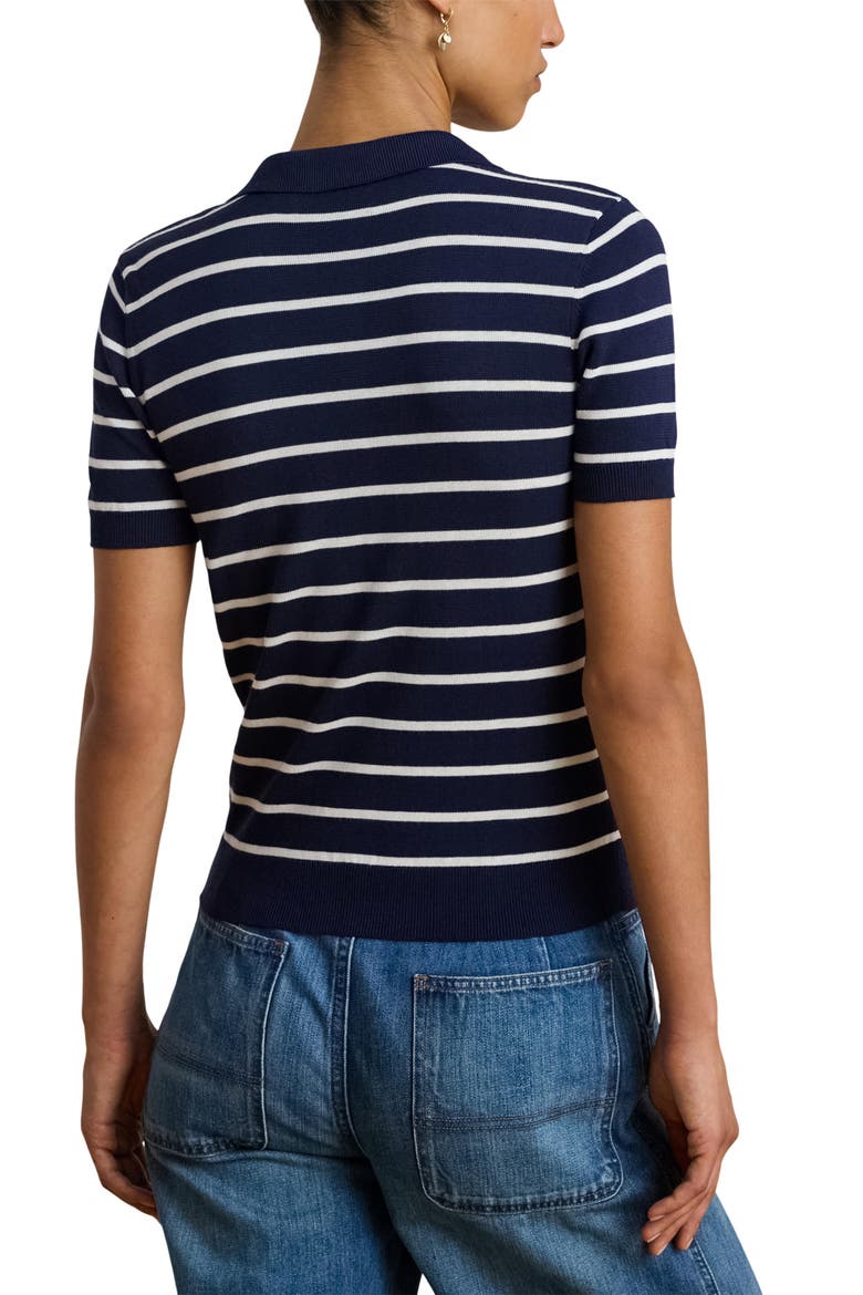 Stripe Cotton Blend Polo Top, Alternate, color, REFINED NAVY BLUE/ WHITE