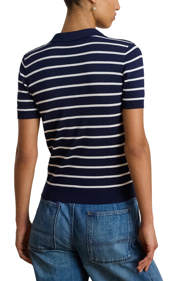 Lauren Ralph Lauren Stripe Cotton Blend Polo Top, Alternate, color, Refined Navy Blue/ White