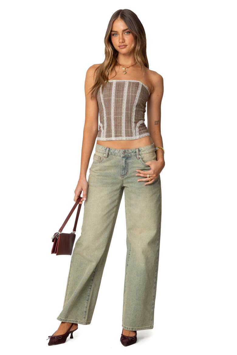 Jaiden Plaid Strpless Corset Top, Alternate, color, BROWN
