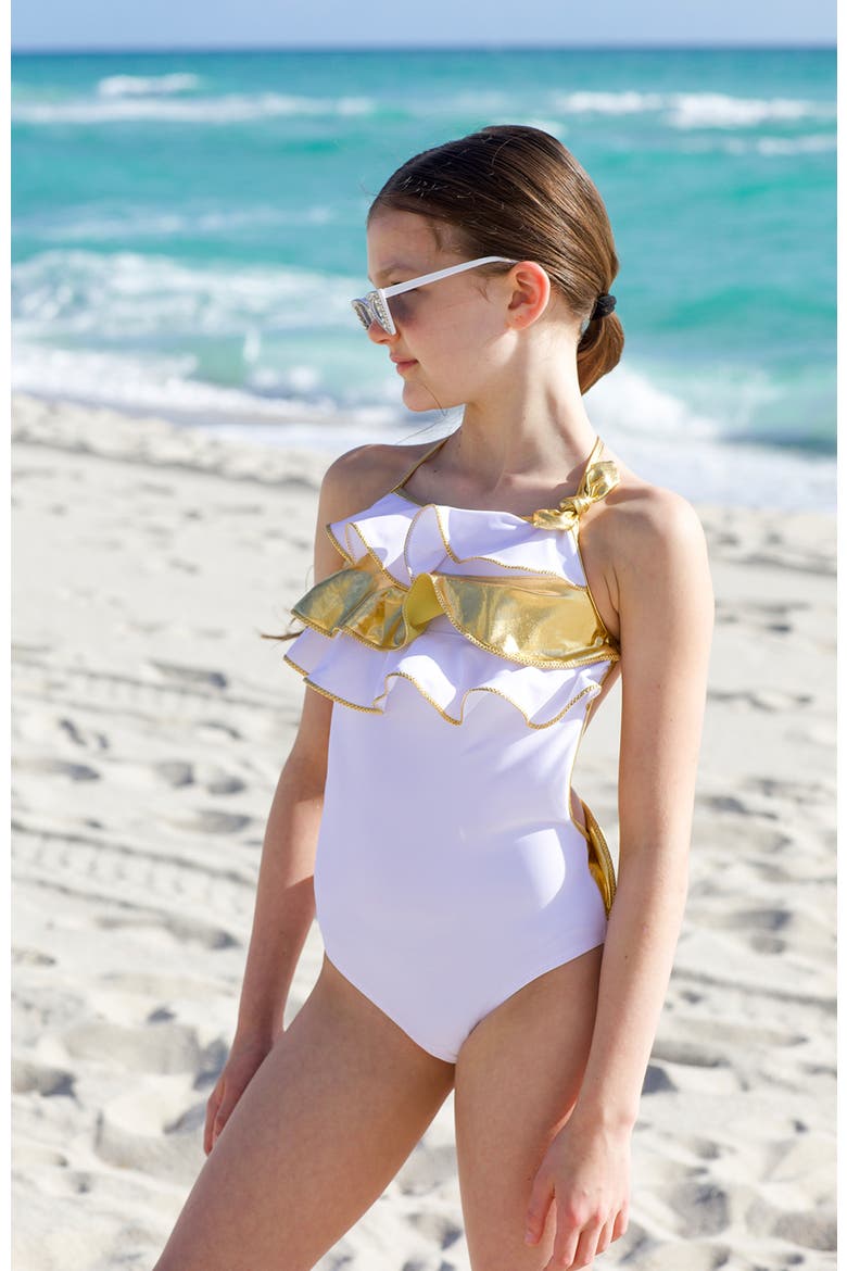 Triple Ruffled, with Bow Detail One-Piece Swimsuit, Alternate, color, White