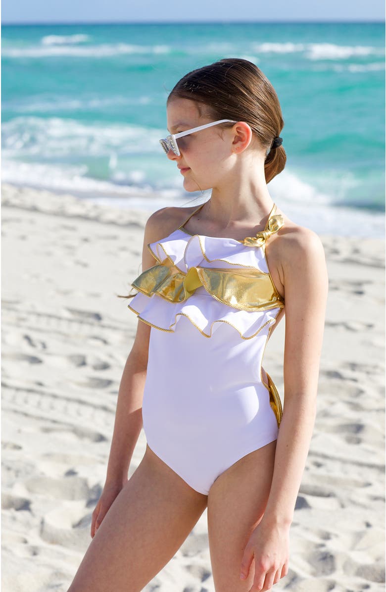 NESSI BYRD Triple Ruffled, with Bow Detail One-Piece Swimsuit, Alternate, color, White
