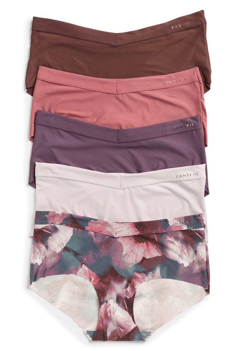 Danskin Pack of Five Brushed Boyshorts, Main, color, Poppies/Wood/Mauve/Haze/Violet