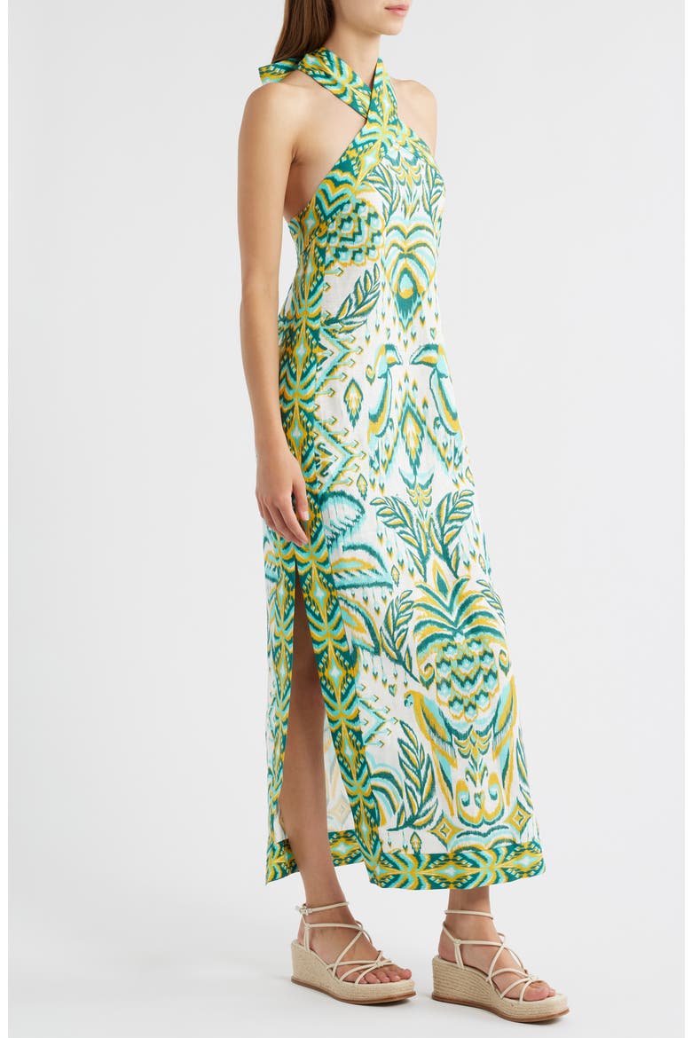 Tropical Tapestry Halter Linen Maxi Sundress, Alternate, color, OFF-WHITE